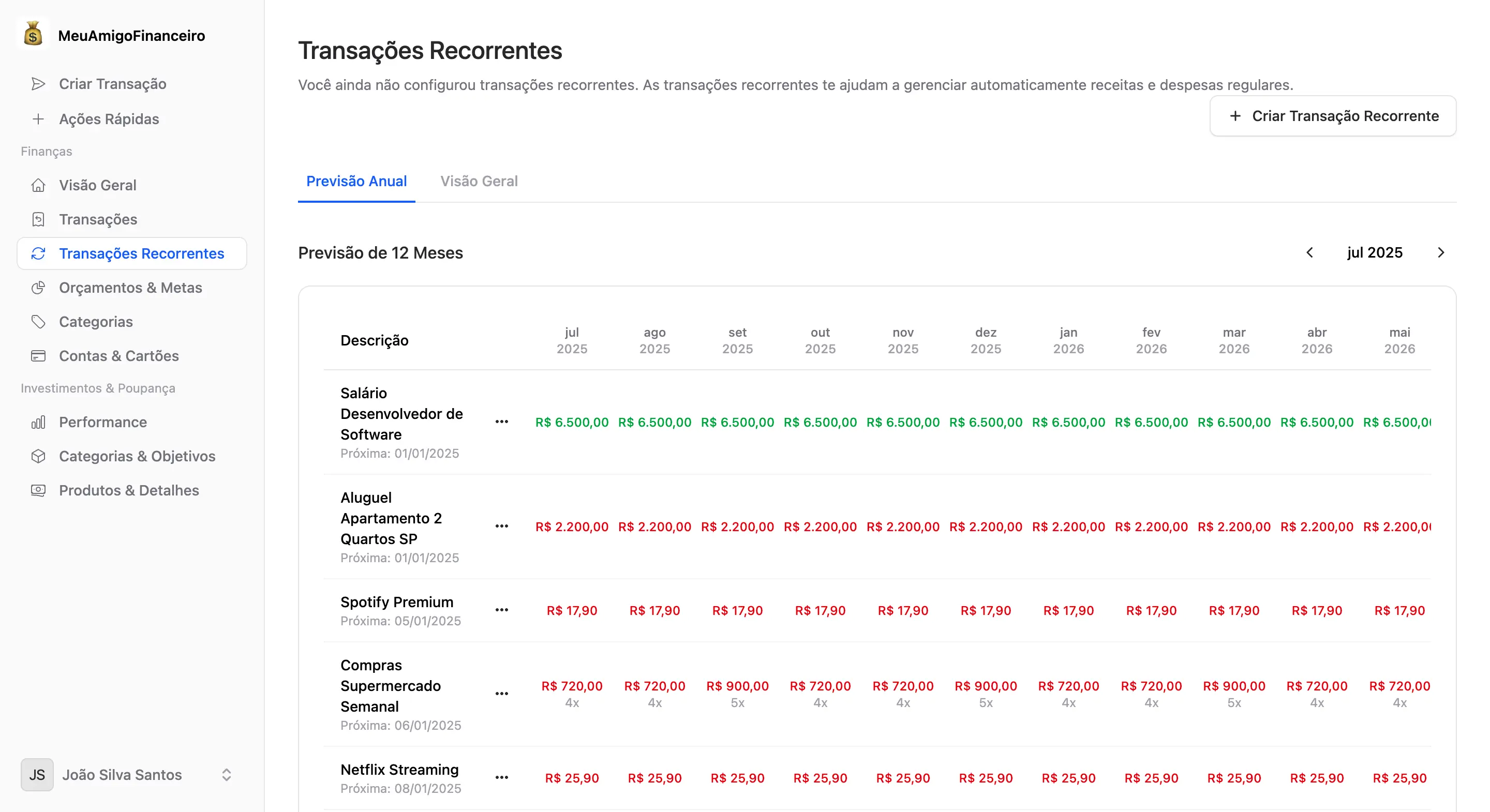 Recurring Transactions Calendar